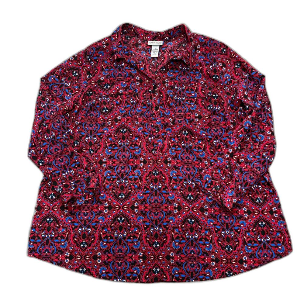 Catherines Red Blue Paisley Popover Blouse Long Sleeve Maximalist Office Size 1X